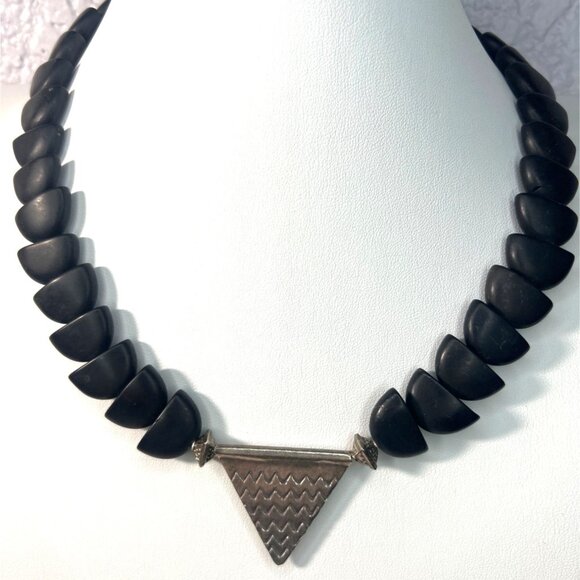 Artisan Black Onyx Bead Necklace Sterling Silver Pendant Ethnic Statement Tribal - Picture 1 of 8